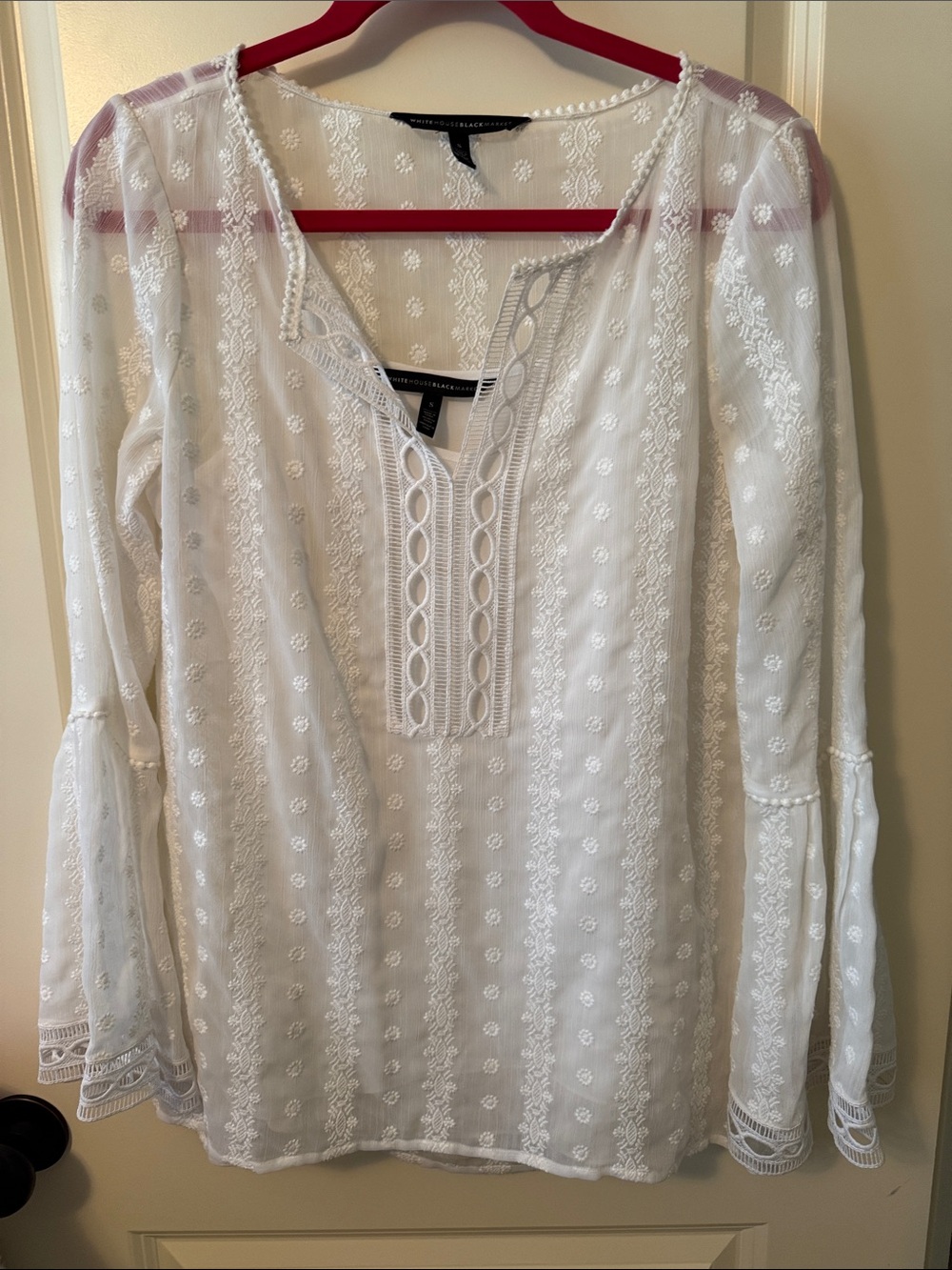 WHBM White Embroidered Split-Neck Women’s Top